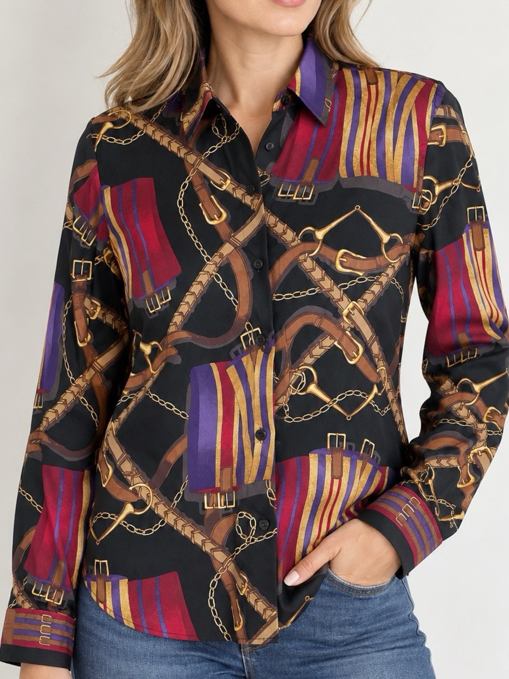 Lauren Ralph Lauren Womenās Equestrian Print Button Shirt Size M Lightweight